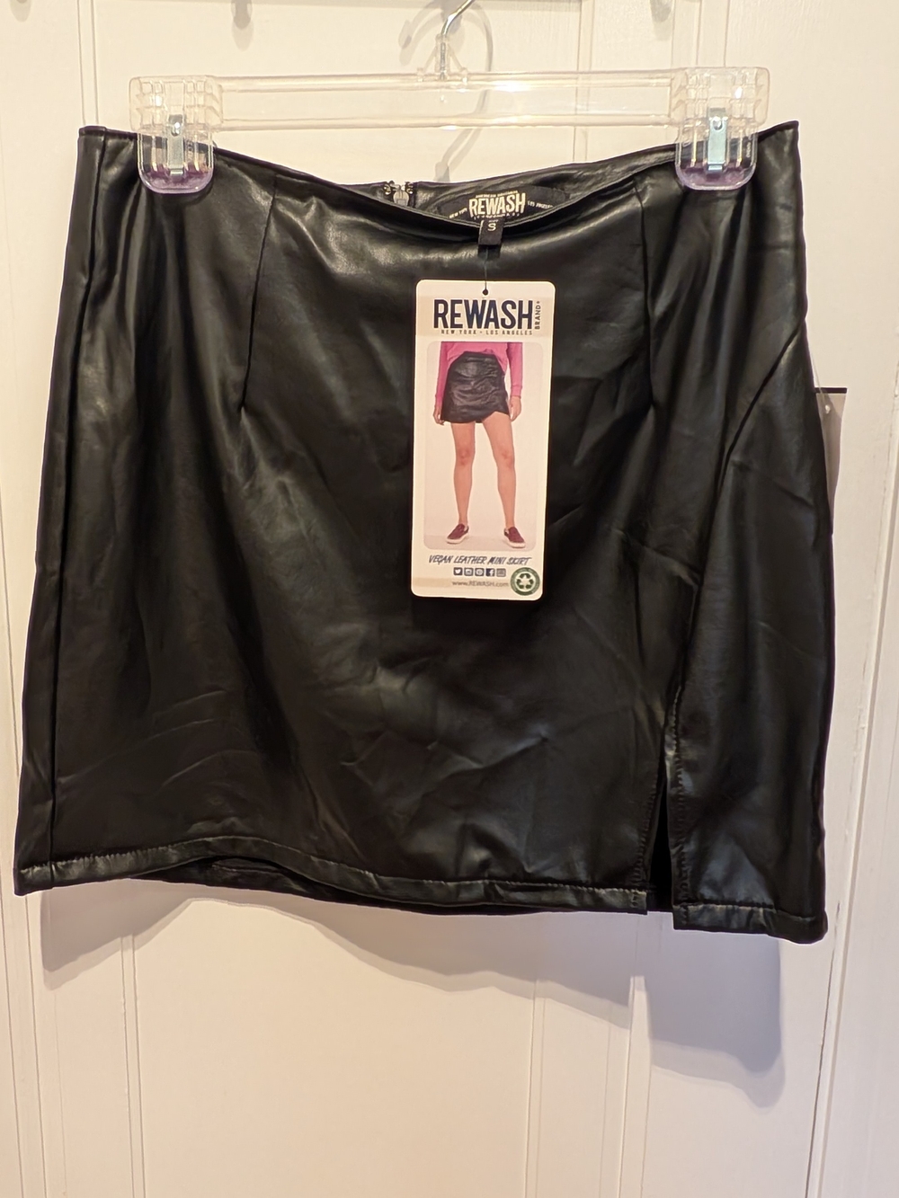 Rewash Black Faux Leather Mini Skirt with Front Slit